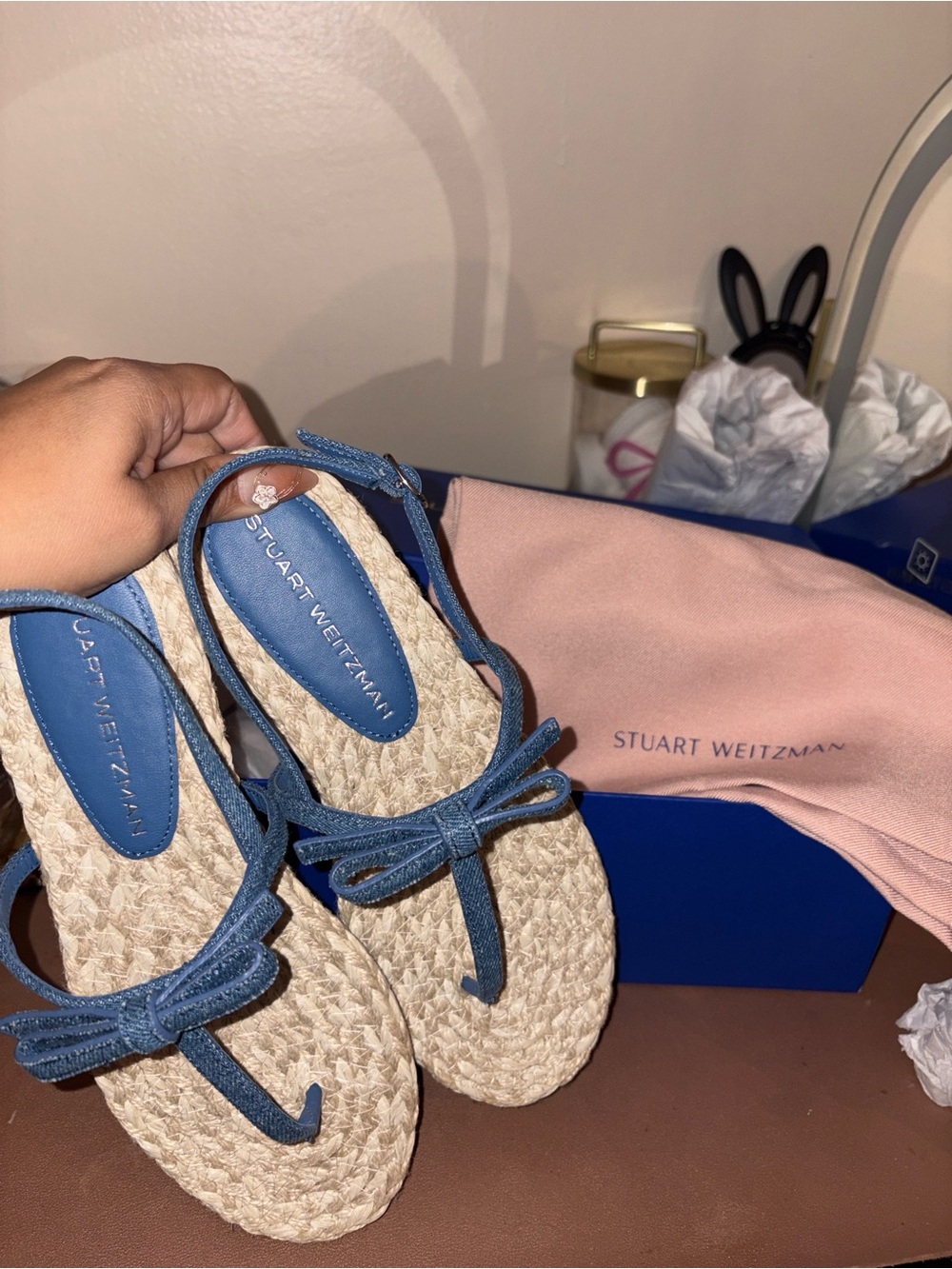 Stuart Weitzman Blue Denim Espadrille Thong Sandals with Bow